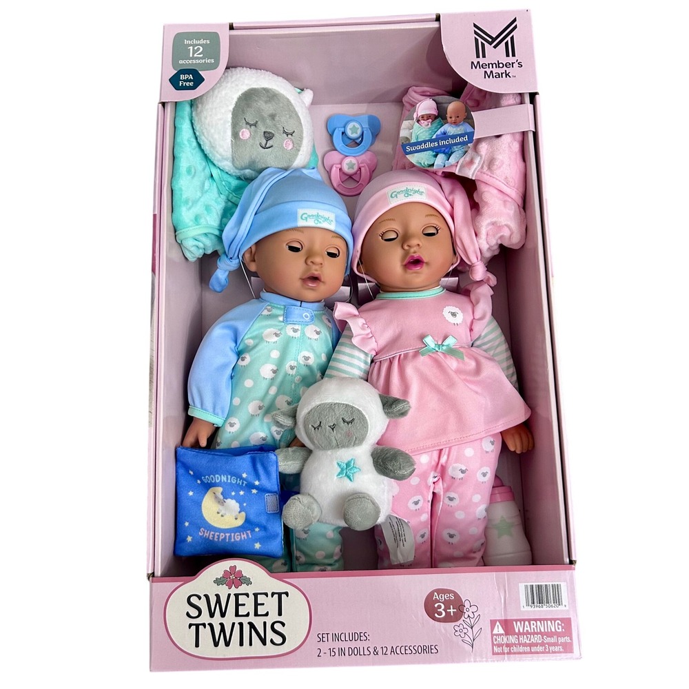 Members Mark Sweet Twins 15 Inch Dolls Plus 12 Piece Accessory Set BPA Free New